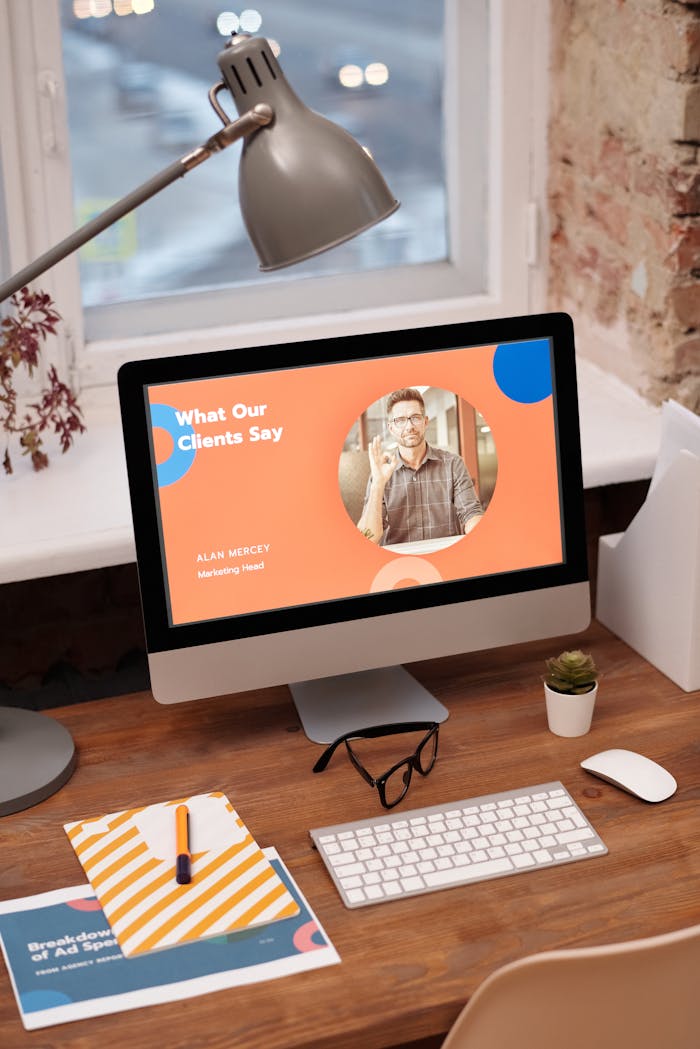 Mastering the First Impression: Your intriguing post title goes here Stylish home office setup with computer showcasing client testimonials.