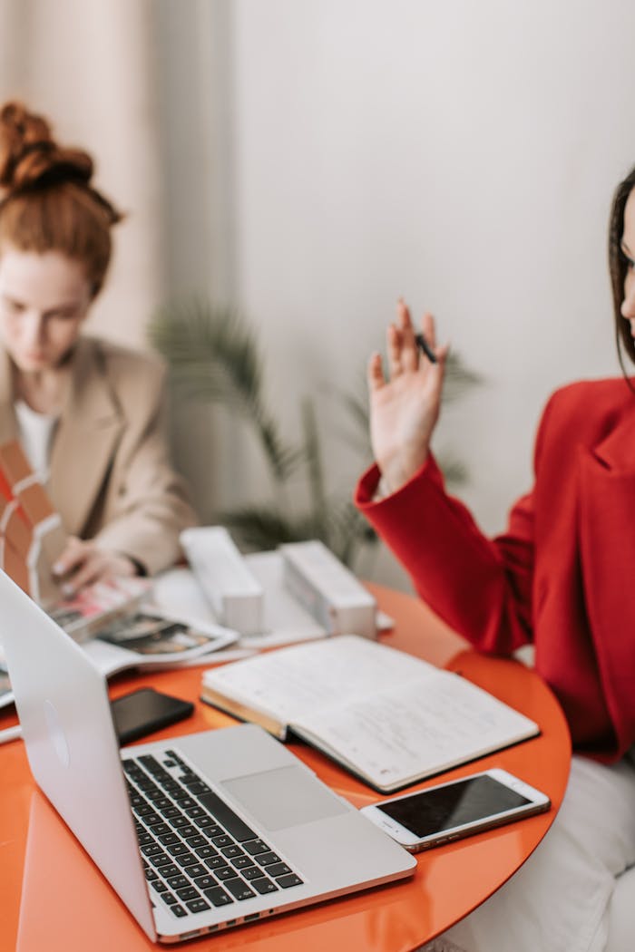 Services Two women having a discussion at a table with laptops and notes.